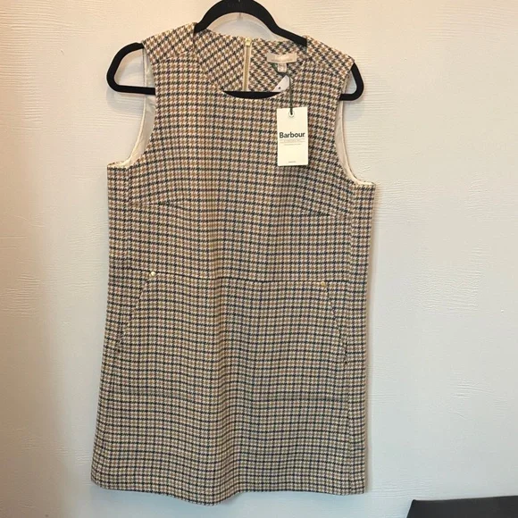 Barbour Beige and Navy Houndstooth Sleeveless Shift Dress - Picture 1 of 4